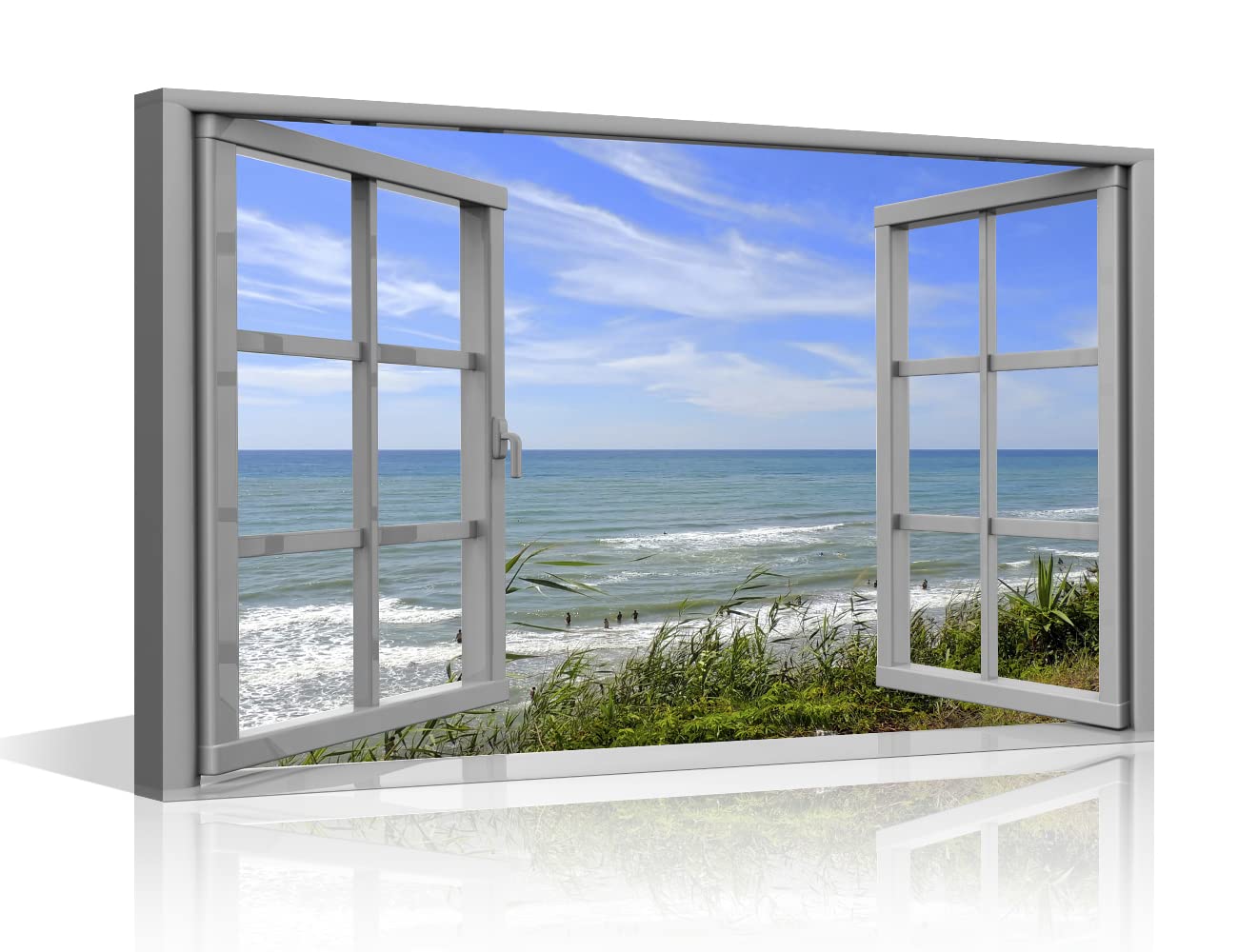 TISHIRON Canvas Wall Art 3D Window View Summertime Art Beach Seaside Picture for Home Office Bathroom Bedroom Stretched Giclee Framed Print Ready to Hang 12x18inch