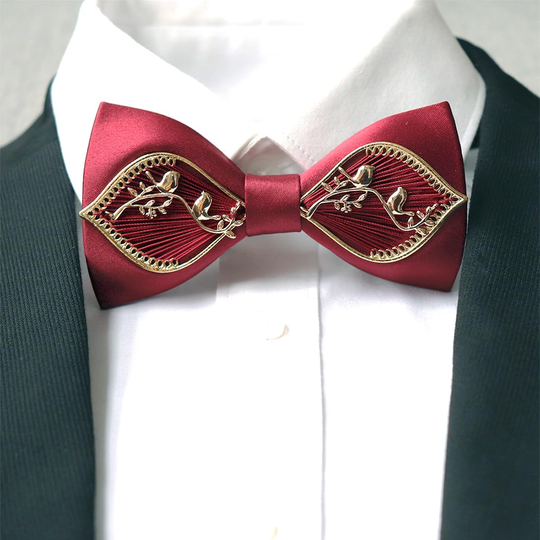 Yongchuantie Bow Ties for Men Self-tie Gold Bird Pattern Bowtie for Wedding Party Business Prom Daily Wear Handmade (Wine Red)