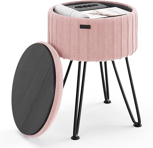 Miniatura 19 de STORAGEBUD Otomana redonda con almacenamiento, otomana de almacenamiento de terciopelo plisado, taburete de pie, taburete de maquillaje, otomanas