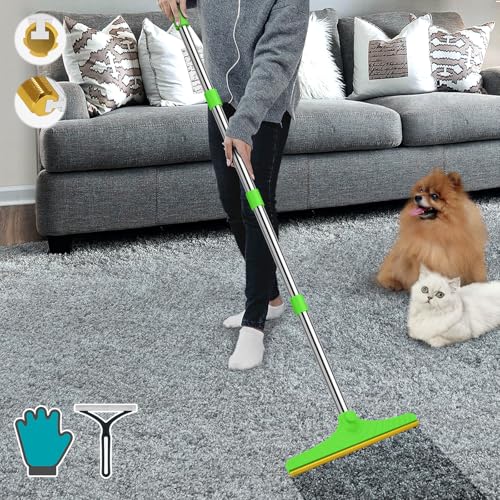 B-Land Carpet Rake for Pet Hair Removal, Reusable Pet Hair Remover with 60” Adjustable Long Handle, Carpet Scraper Dog Cat Hair Remover Tool for Rugs, Mats, Couch, Furniture Green