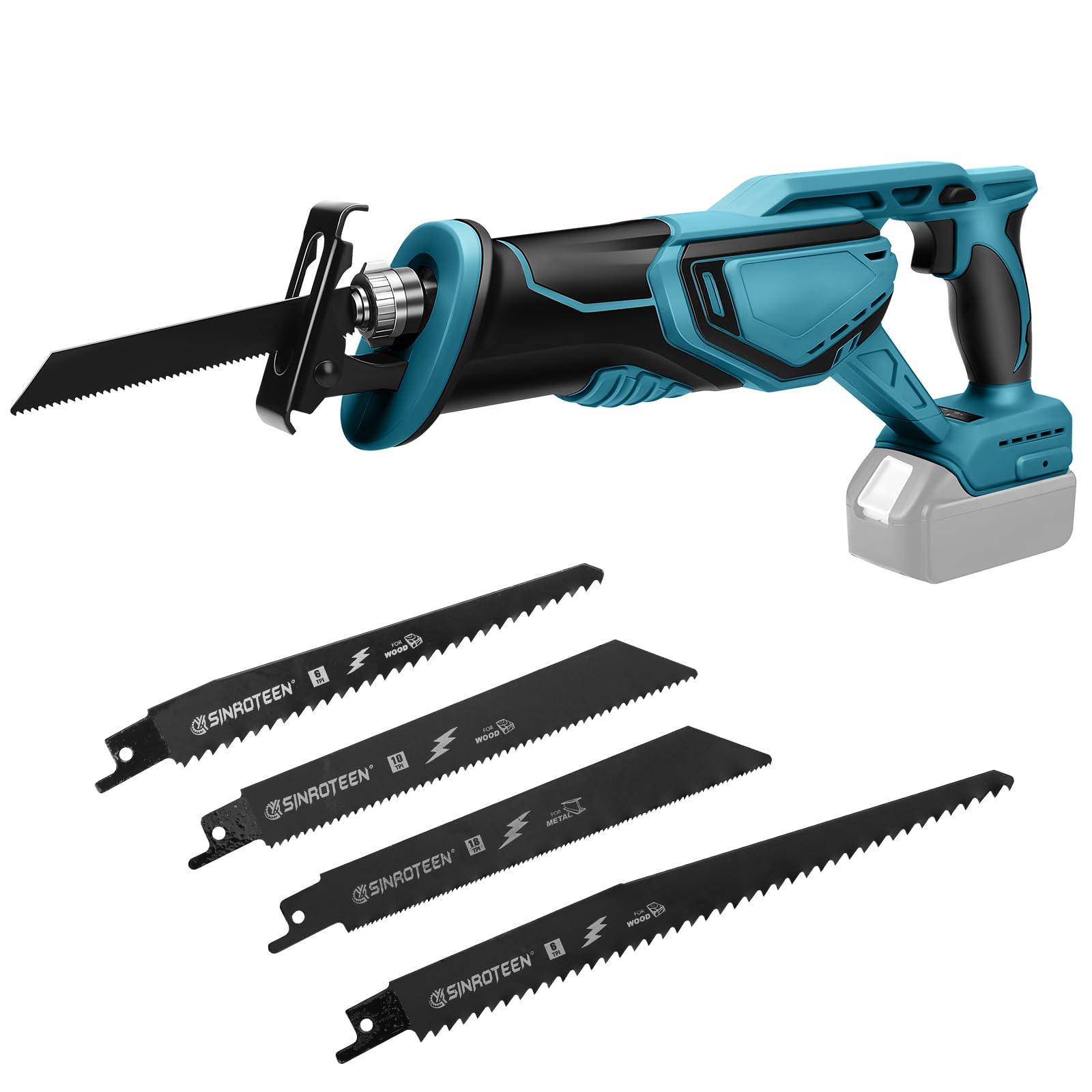 Roadtime Sierra Sable Inalámbrica para Makita 18 V baterías (sin batería) ﻿ | motor sin escobillas 0-4000 RPM Sierra Electrica de Velocidad Variable, con 4 Cuchillas para Cortar PVC/Madera/Metal