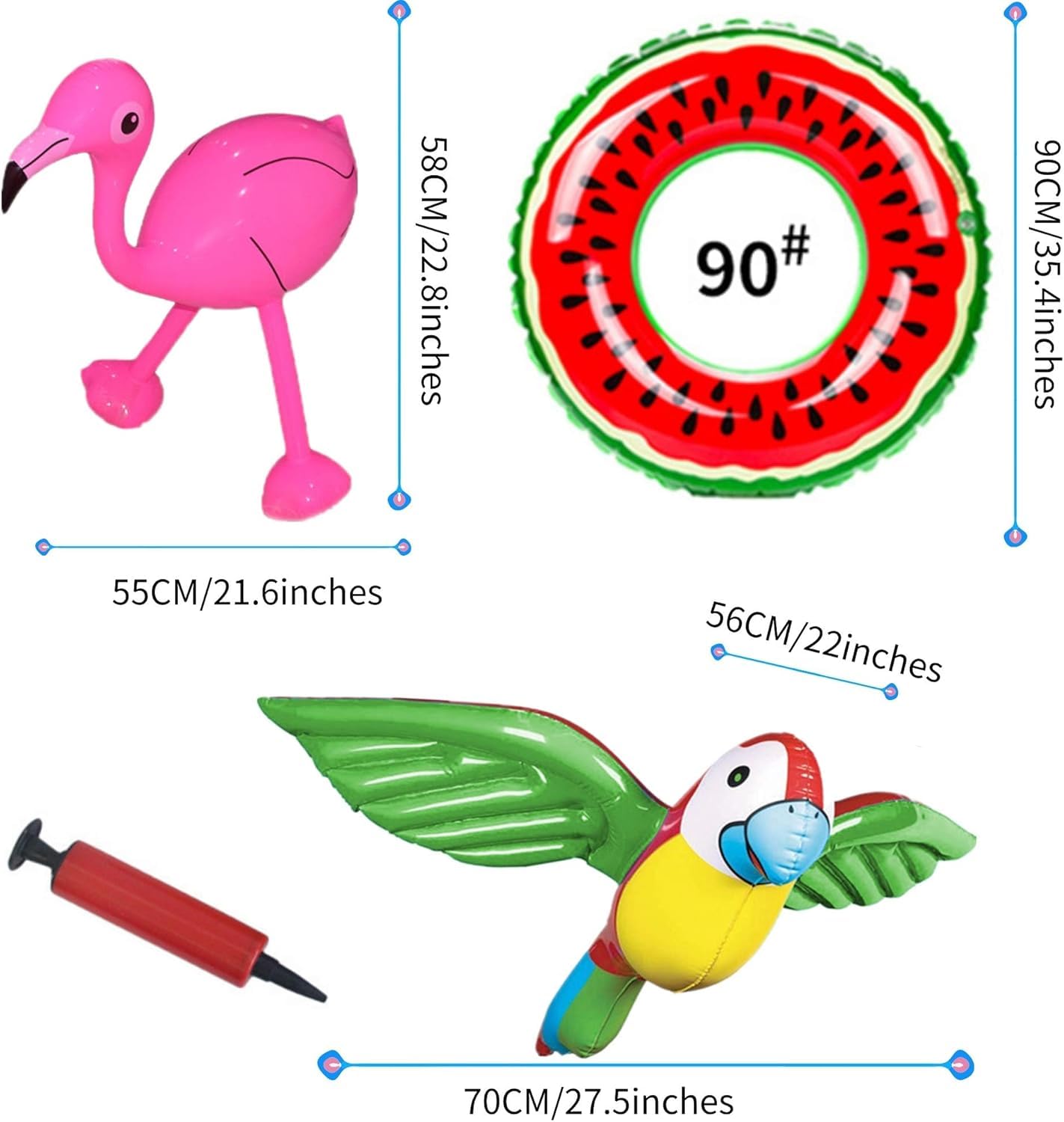 Yetech 9PCS Palmiers Gonflables Flamingo Jouets ,Gonflable Banane Balles De Plage Volant Perroquet Dauphin,90CM Pastèque Anneau de Natation Gonflable,la Toile de Fond de Plage de décor de fête