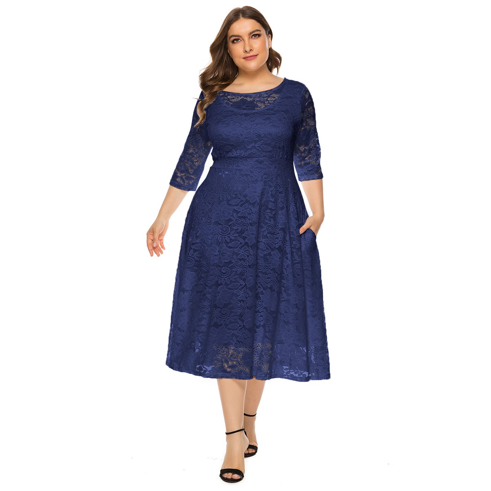 Odizli Damen Elegant 3/4 Ärmel Spitzenkleid Hochzeit Festlich Coctailkleid Abendkleid Große Größen