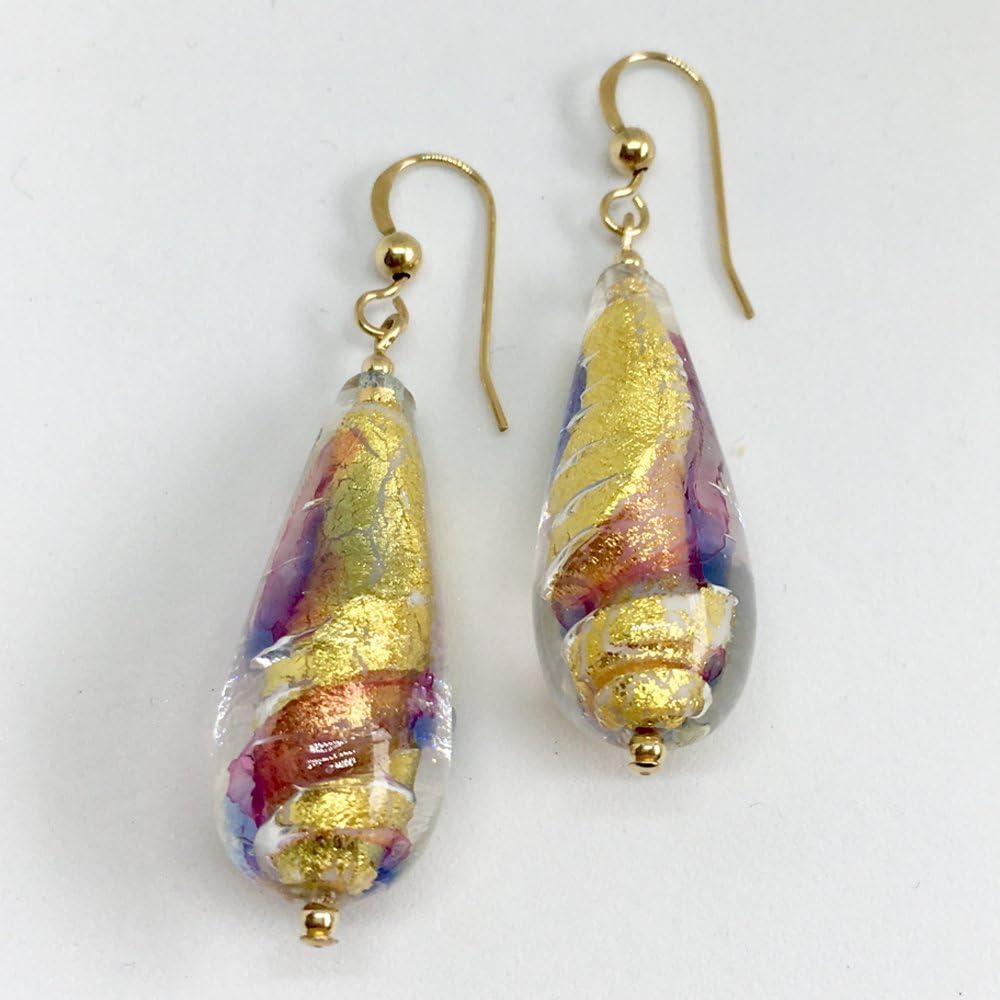HandmadeDiana Ingram earrings with ruby, periwinkle and blue swirl over gold Murano glass long pear drops on Sterling Silver or 22 Carat gold vermeil hooks