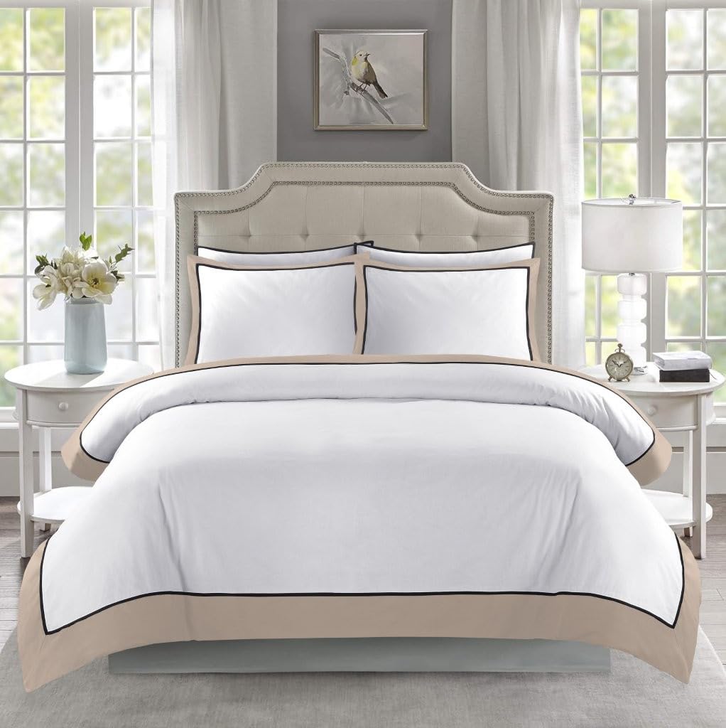 Lions White Bedding Set - 3 PC Double Bed Duvet Cover Sets with 2 Matching Pillowcase, Poly Cotton Soft Breathable Hotel Quality Quilt Covers, Border Striped Pattern, Latte, 200x200cm