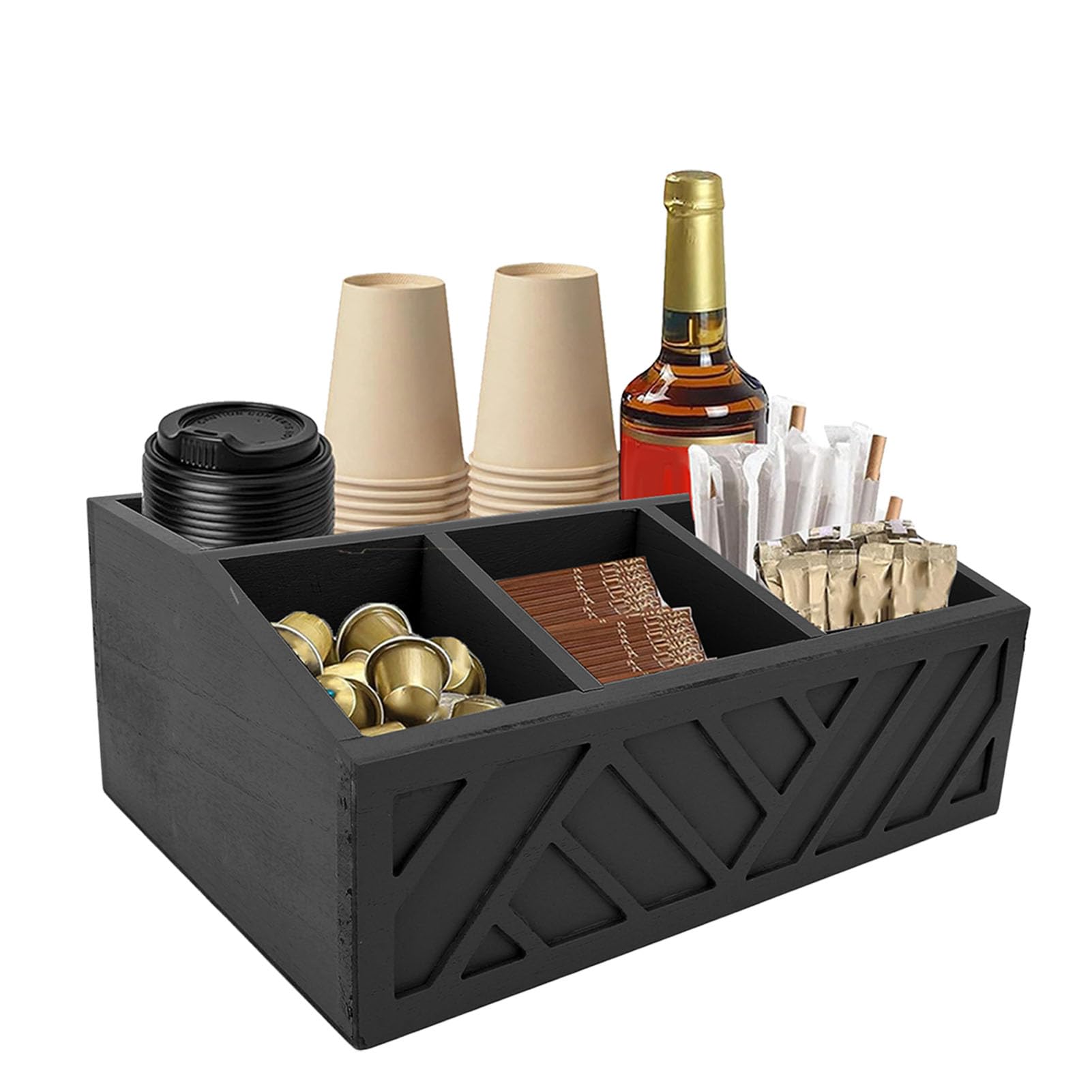 Cocoarm Teebeutel-Organizer aus Holz, Teebeutelhalter mit Geteilter Aufbewahrungsbox für Teebeutel, Kaffeekapseln und Pappbecher, Glatte Oberfläche für die Theke Im Heimbüro (BLACK)