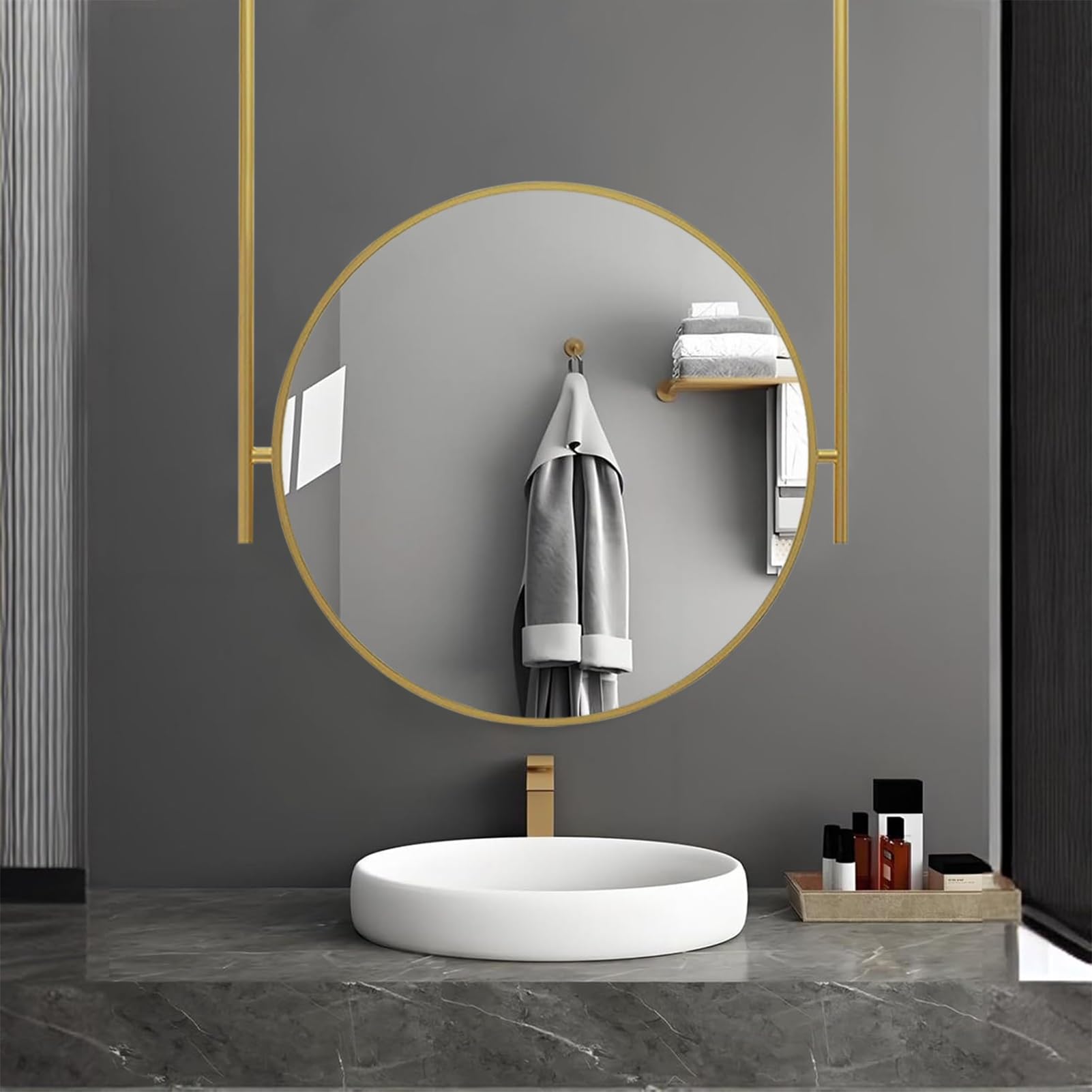 Miroir de salle de bain mural rond suspendu cadre métal doré diamètre 70 cm