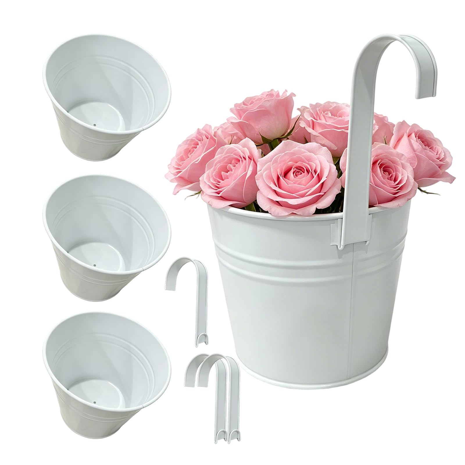 Juego de 4 cestas colgantes para macetas, 16 cm de diámetro, 26 cm de altura con mango extraíble, material de hierro galvanizado con orificio de drenaje, estable y duradera, selección de