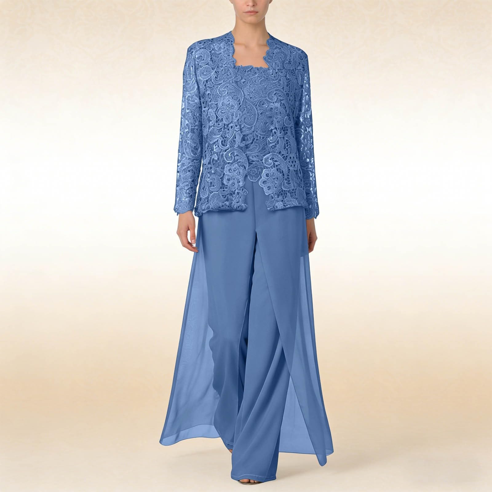 Traje de pantalón de gasa de 3 piezas para madres de novia con chaqueta, apliques de encaje, traje formal de cóctel, traje de noche con encaje, cárdigan de noche, pantalones de invitado de