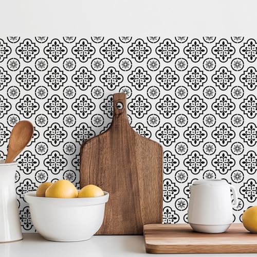 meihea 30 Pack, 4x4 Inch Black and White Peel and Stick Backsplash, Modern Farmhouse Vinyl Decals for Kitchen, Stairs & Furniture