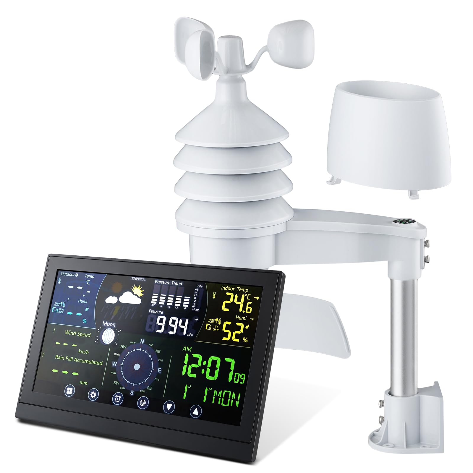 Warmiehomy Digitale Wetterstation, kabellose Wetterstation mit LCD-Farbdisplay und Wind- und Regensensor, Außentemperatur- und Feuchtigkeitssensor, Barometrische Vorhersage-Monitor für Zuhause