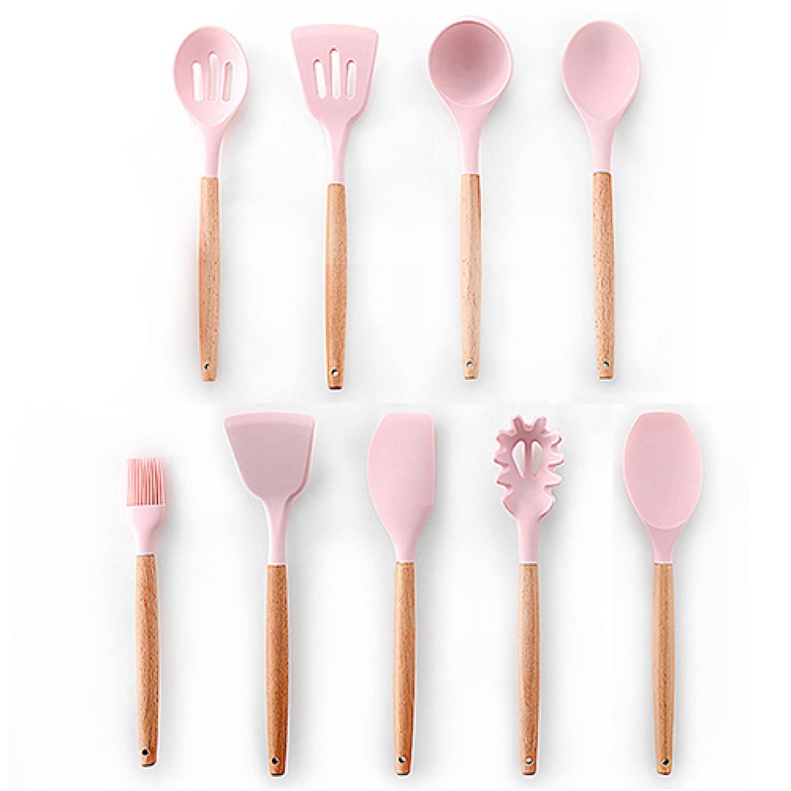 Juego de utensilios de cocina, juego de herramientas de cocina, juego de utensilios de cocina de silicona, pinzas giratorias, cuchara de sopa, rosa, 9 piezas B