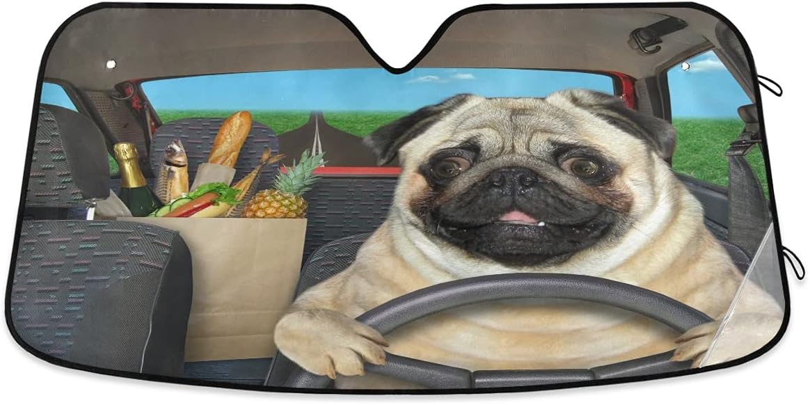 Pug Dog Driving Car Front Windshield Car Sun Shade, Funny Accordion Folding Auto Sunshade Blocks UV Rays Sun Visor Protector
