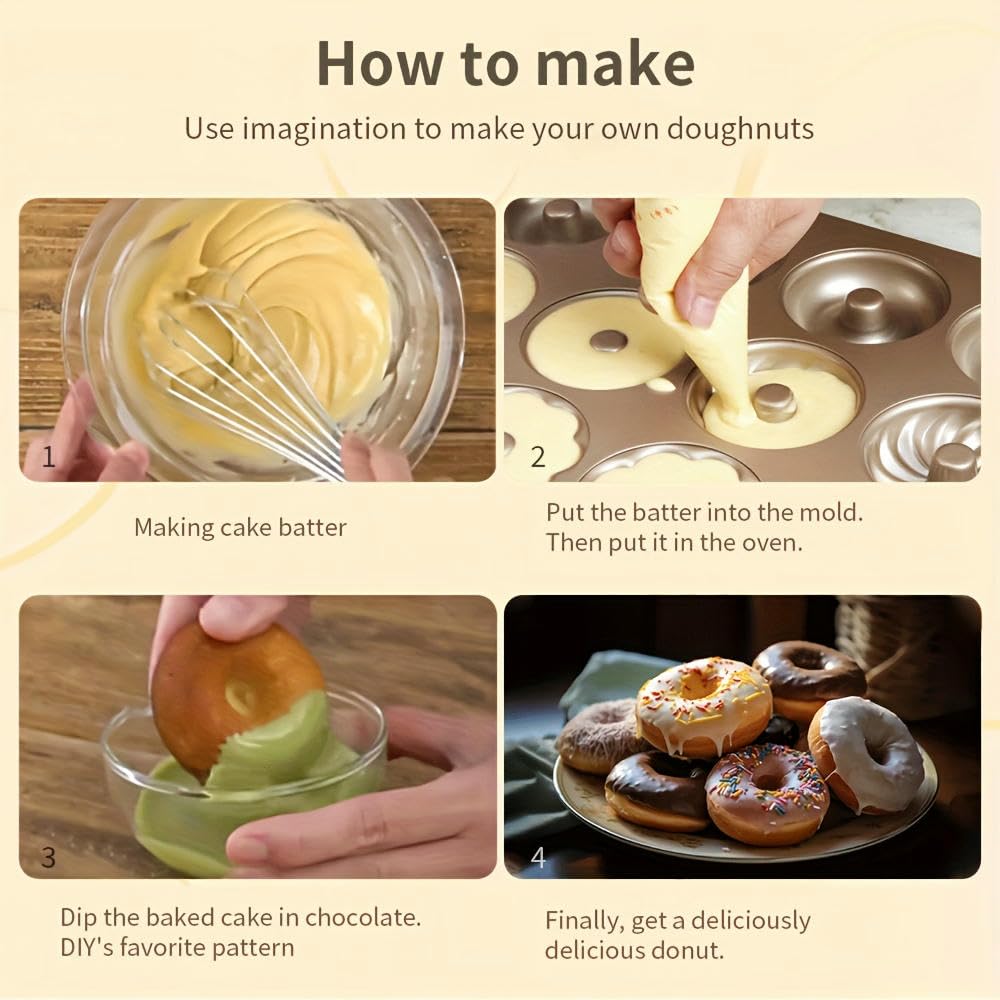 NYSDM Moule à Beignets antiadhésif à 12 cavités avec 4 Motifs Plateau Polyvalent Beignets Gâteaux Biscuits Bagels Muffins Pâtisserie DIY