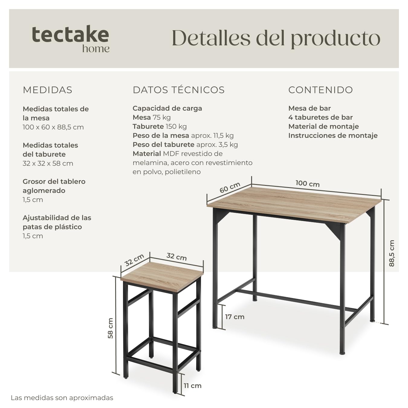 tectake® Mesa Alta de Bar con 4 Taburetes, Mueble de Cocina Estilo Industrial, Diseño Comedor y Mesa Cocina, Muebles de Salon, Taburete - 100 x 124 x 88,5 cm Madera Industrial Clara, Roble Sonoma