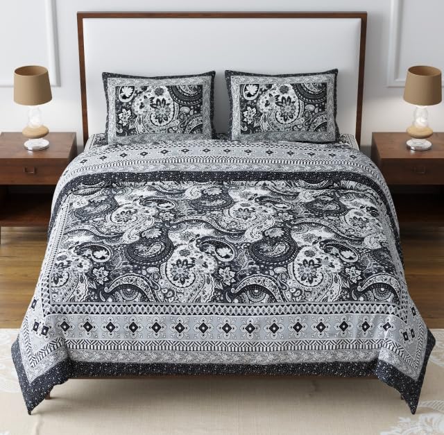 EasyGoods® 240 TC Pure Cotton Bedsheet for Double Bed, King & Queen Size Bed, Jaipuri Rajasthani Design with 2 Pillow Covers, Extra Soft & Wrinkle Free, 90 x 103 inches, Black (Monarch22-new) (B0CVV4WCKG) Amazon Price History, Amazon Price Tracker
