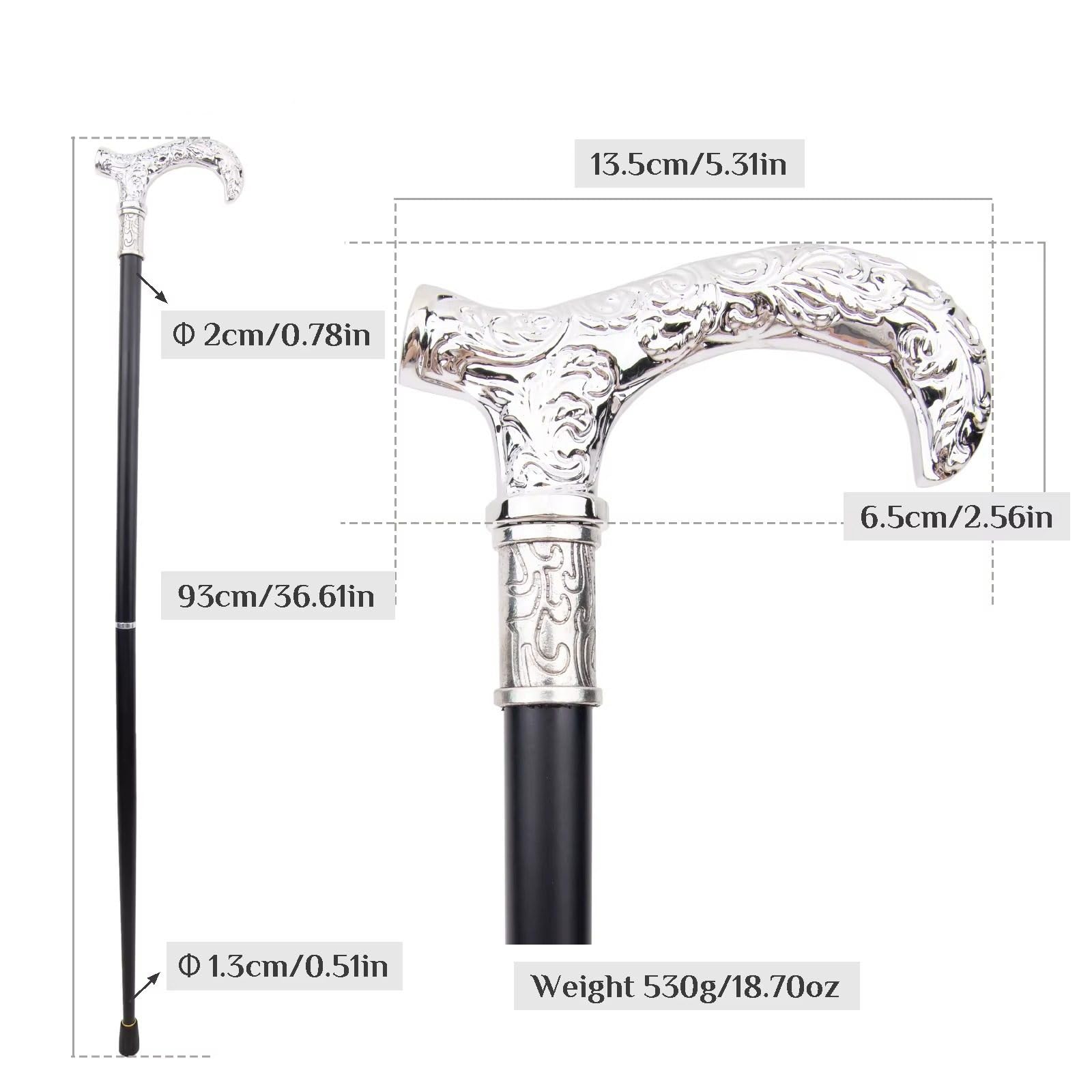 Bastón de Caminar Metálico Platado Plata – Ornado & Tallado, Estilo Británico, Elegante & Lujoso para Senderismo, Cosplay, Uso Diario & Regalo