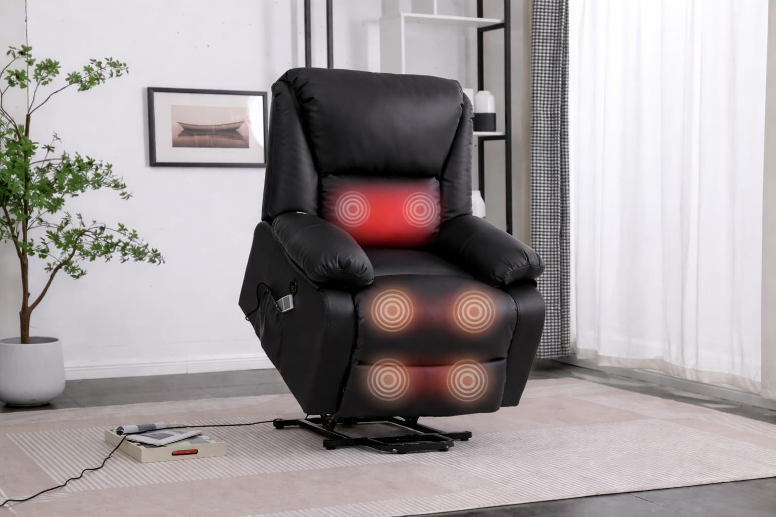 DUPI Sillón Relax Eléctrico Reclinable Miami | 8 Modos de Masaje y Calor Lumbar | Elevapersonas con Mando a Distancia | 2 Puertos USB | Polipiel | Negro