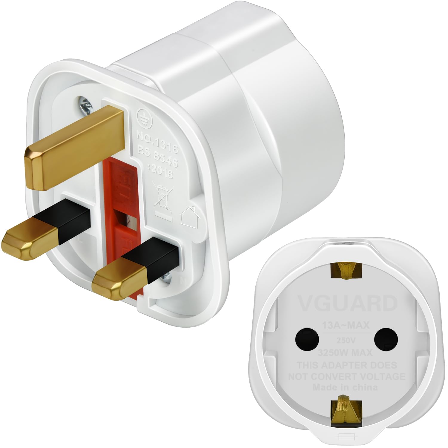 VGUARD European to UK Plug Adapter, 1 Pack EU to UK Plug Adapter 2 Pin Plug Adaptor to 3 Pin for Travel Electronic Device, Not for Shavers or Electric Toothbrushes - White