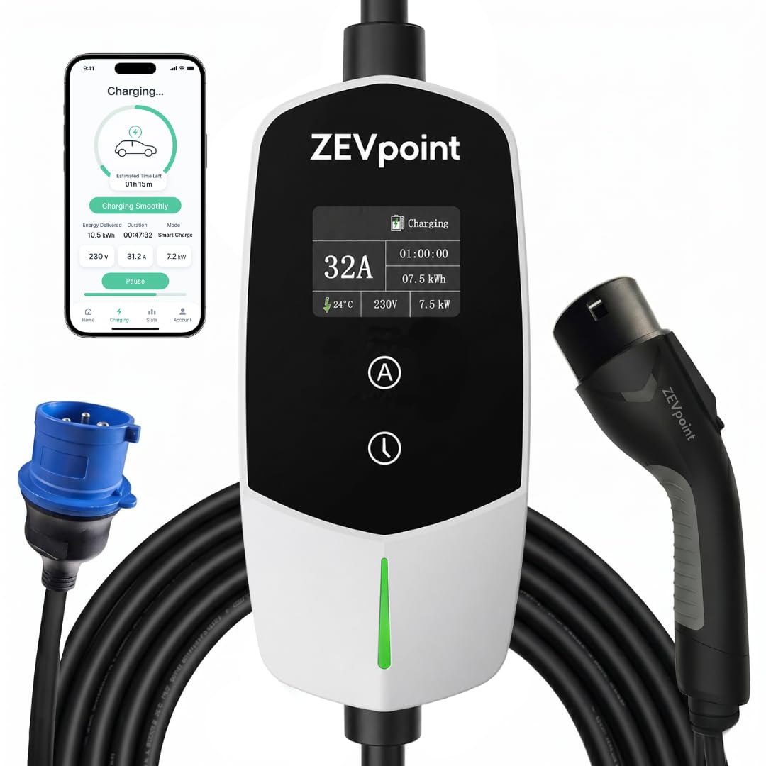 Zevpoint 7.2 kW EV Charger | Carry Bag + Holder Clips + CEE Socket | 32A, Waterproof | 5m Cable, 3” Display | Adjustable Power | Auto Cut, Overload & Earthing Protection | 5-Yr Warranty | Dash-image-29