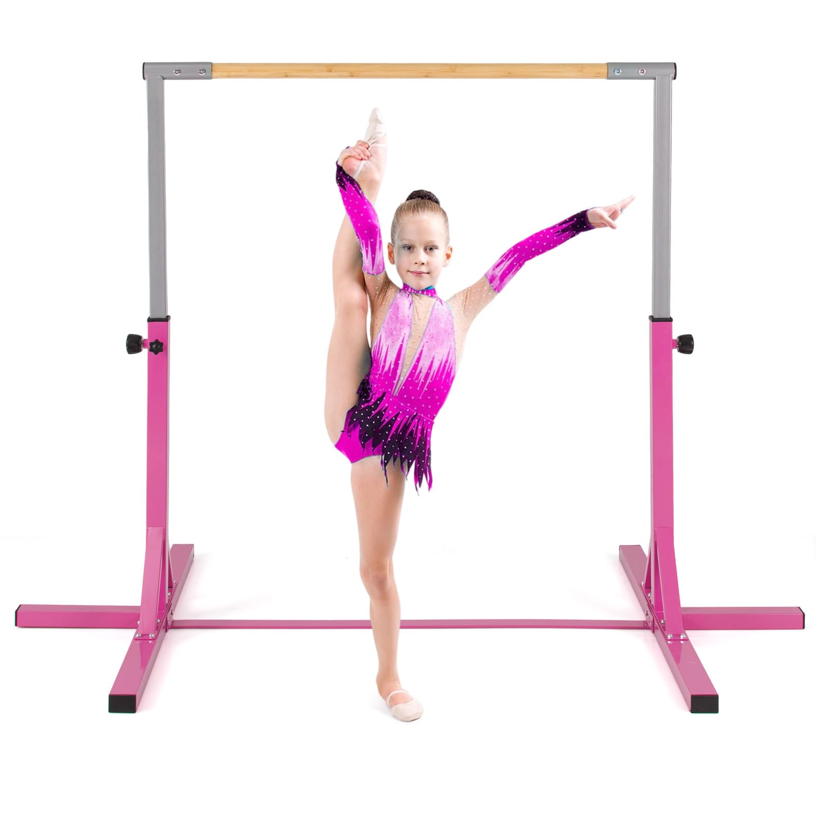 COSTWAY Sbarra per Ginnastica e Danza per Bambini, Barra in Metallo e Bambù Regolabile in Altezza 85-145 cm, Portatile con Cuscinetti Antiscivolo