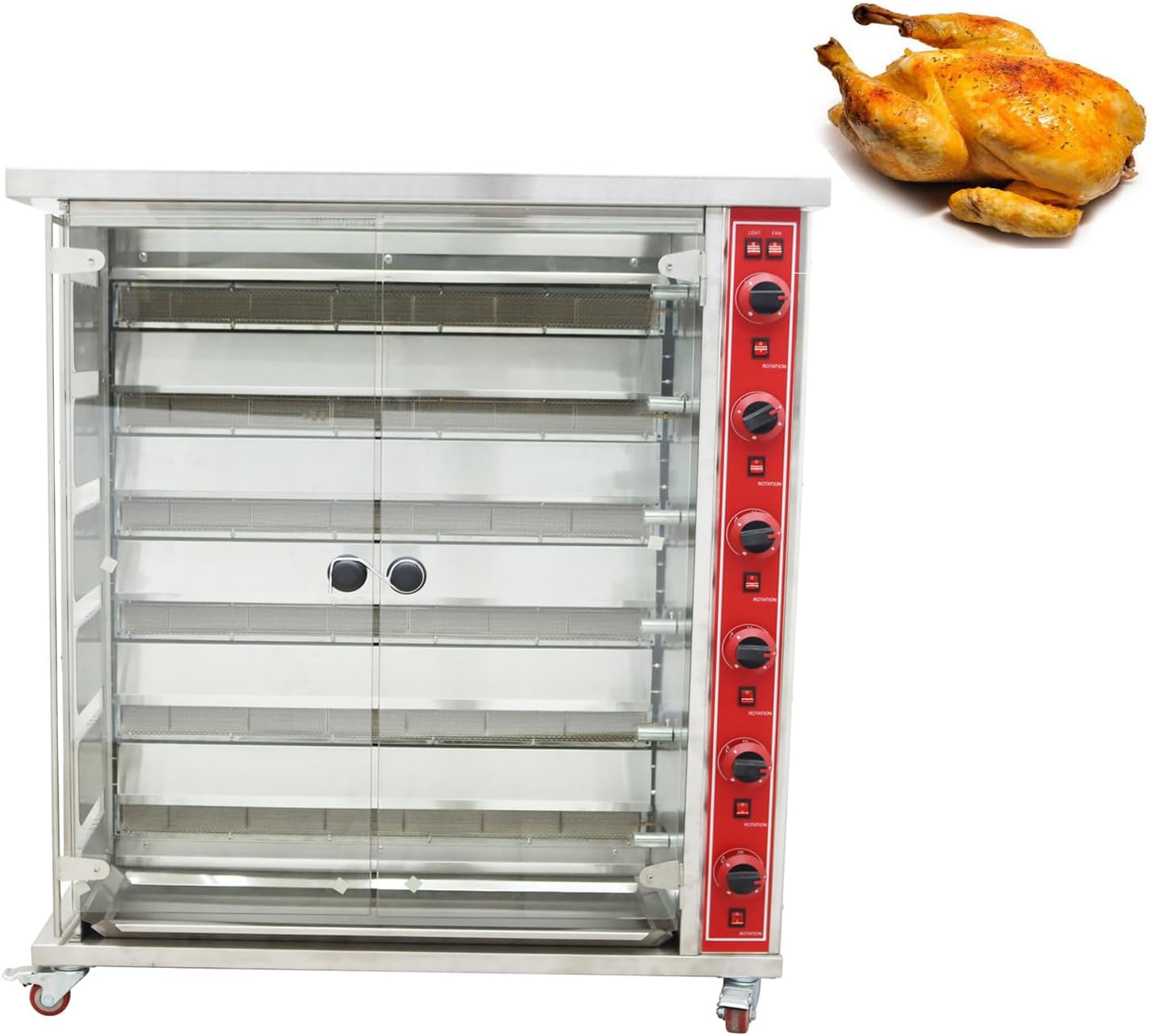 Gas Rotisserie Oven 6-Roll Chicken Rotisserie Machine Stainless Steel Rotary Chicken Roaster Machine Commercial Automatic Rotary Roaster Oven, 110V