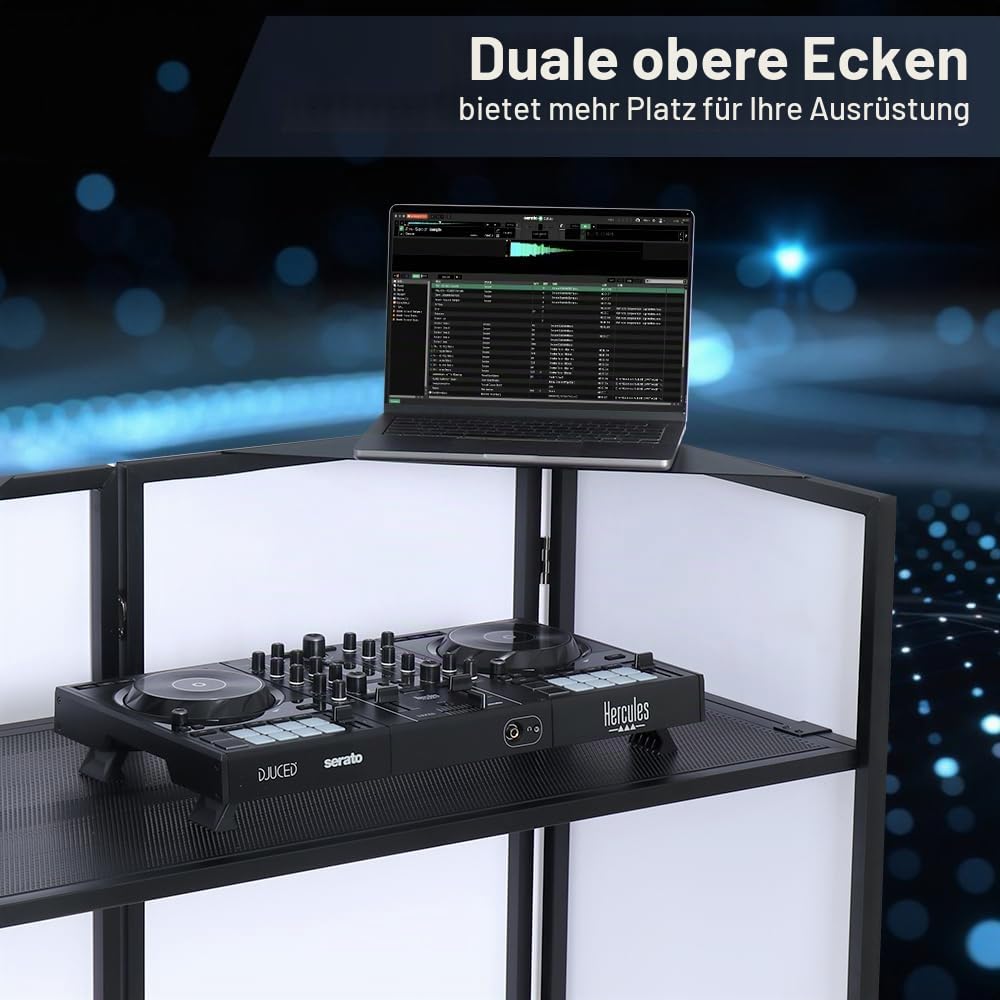 Kokorona Tragbare DJ-Kabine, 108 x 51 x 115 cm, mit zwei oberen Ecken, DJ-Fassadenkabine mit Kabelloch, DJ-Tischständer mit Lichtleiste und Fernbedienung, Metallrahmen + schwarz-weiße Krallen +