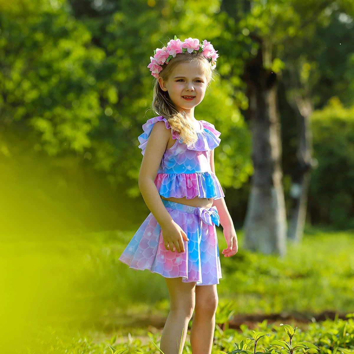 Kids Ruffle Split Swimsuit, Girls Beach Spa Clothing Bowknot Skirt Swimwear with Swim Cap