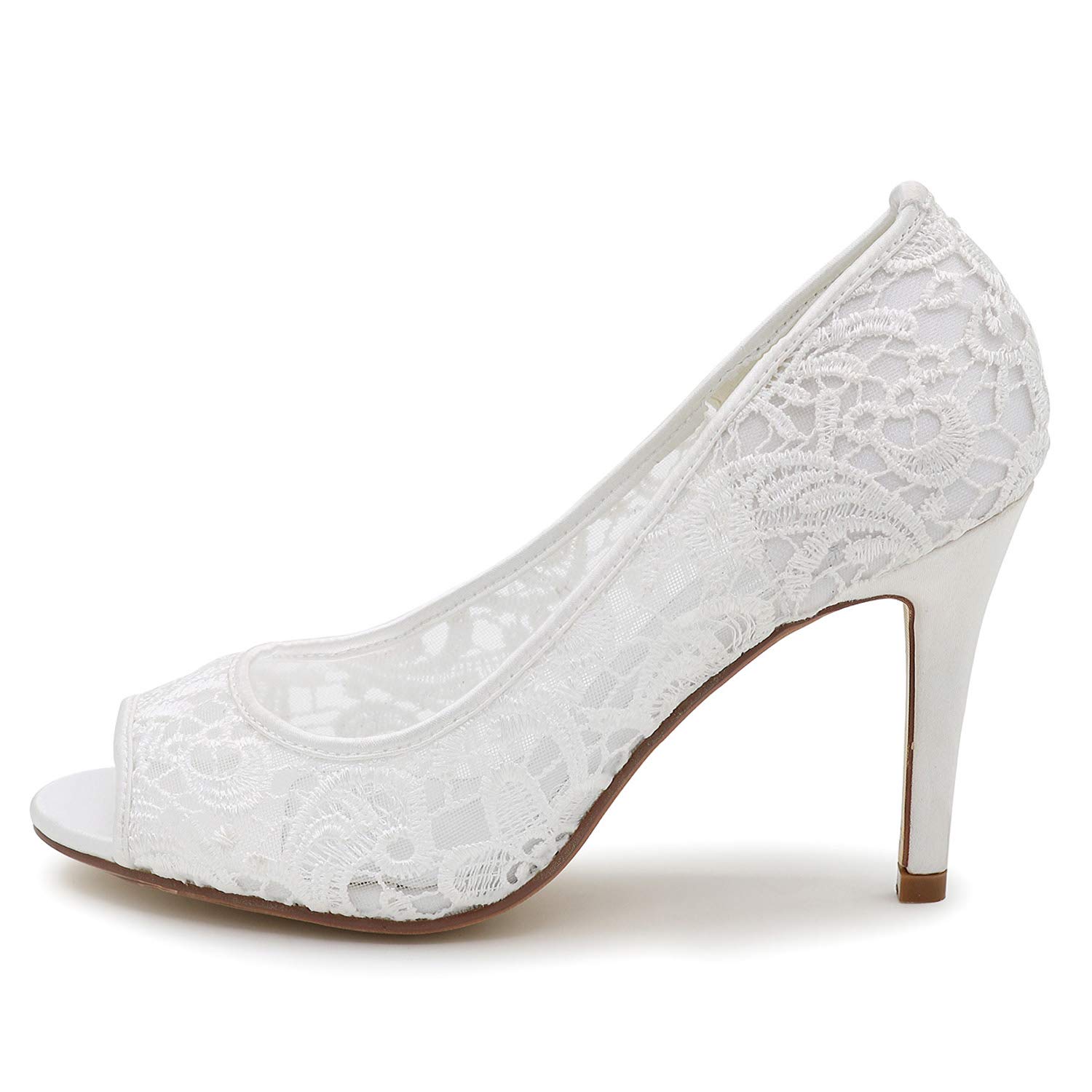 Hochzeitsschuhe für Frauen, Spitze Braut Pumps mit Nähten Chunky Ivory Low Damen High Heel Kleid Peeptoe