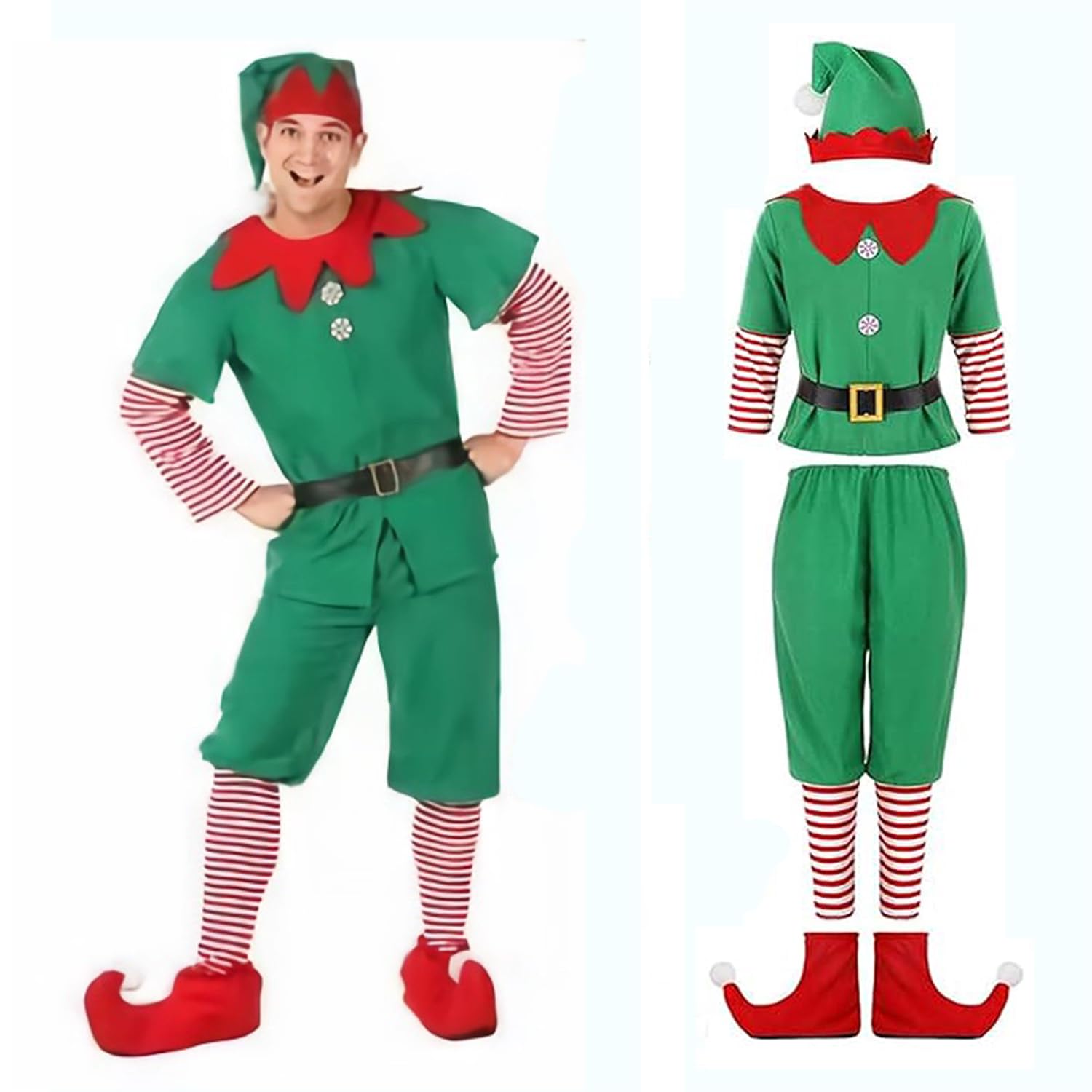 GGEROU Christmas Elf Costume Set, Christmas Elf Cosply Outfits Dress for Boys & Girls,Include Hat Dress and Striped Socks for Christmas New Year Masquerade Party