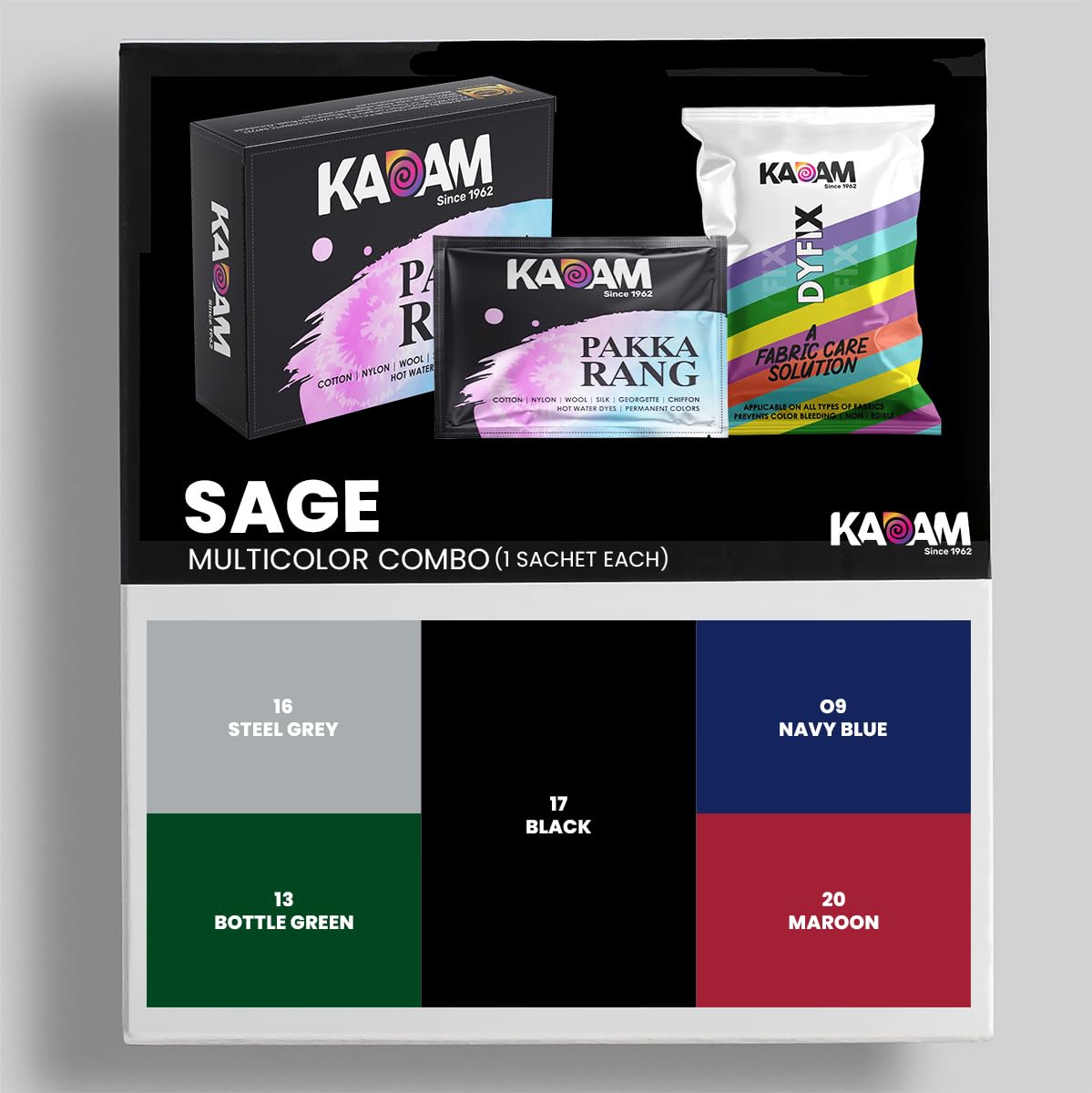 Kadam Pakka Rang Multicolour Combo: Sage | 5 Multicolour Sachet (5g each) | Includes DyFix Color Fixer (5 Sachets) | Permanent Fabric Dye Colors for Faded Clothes | Applicable on Cotton, Nylon, Silk, Wool, Georgette, Chiffon, Denim, Jute (B0D1MK4DXK) Amazon Price History, Amazon Price Tracker