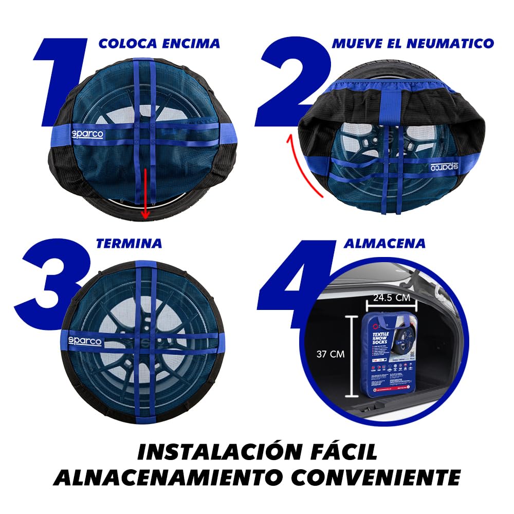 Sparco SnowShield PLUS | Juego de 2 cadenas de nieve para coche | Cadenas para nieve fáciles de montar | Silenciosas, duraderas, homologadas EN 16662-1 y reutilizables (XL)