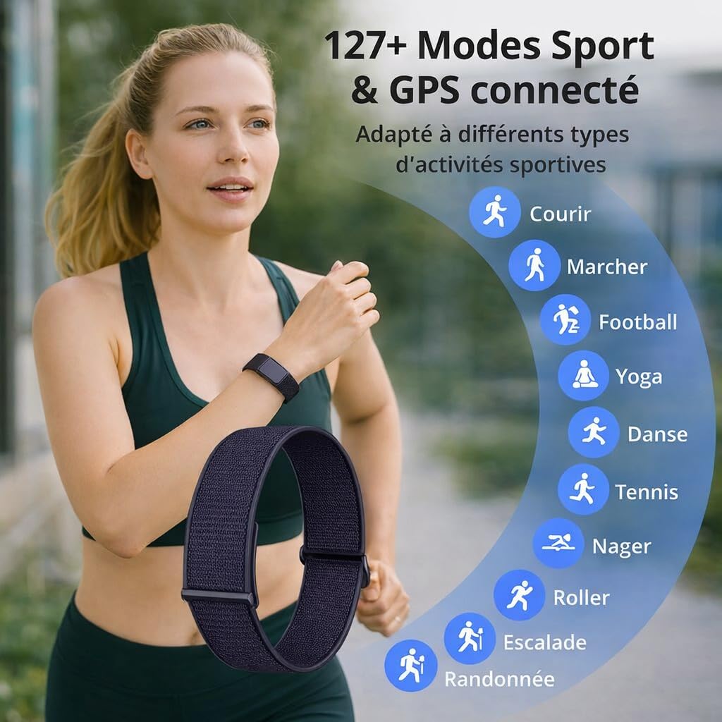 Bracelet intelligent Duckdik, Bracelet d'activité sans écran Homme Femme avec GPS intégré, Autonomie +1 Mois, Cardiofréquencemètre, SPO₂, Podomètre, Moniteur de sommeil, Notifications WhatsApp, Résist