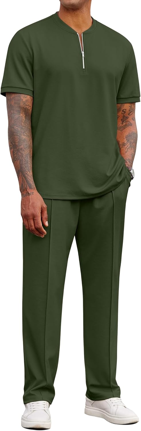 COOFANDY Men's 2 Pieces Outfits Casual Quarter Zip Polo Shirt and Jogging Pants Summer Tracksuits Set