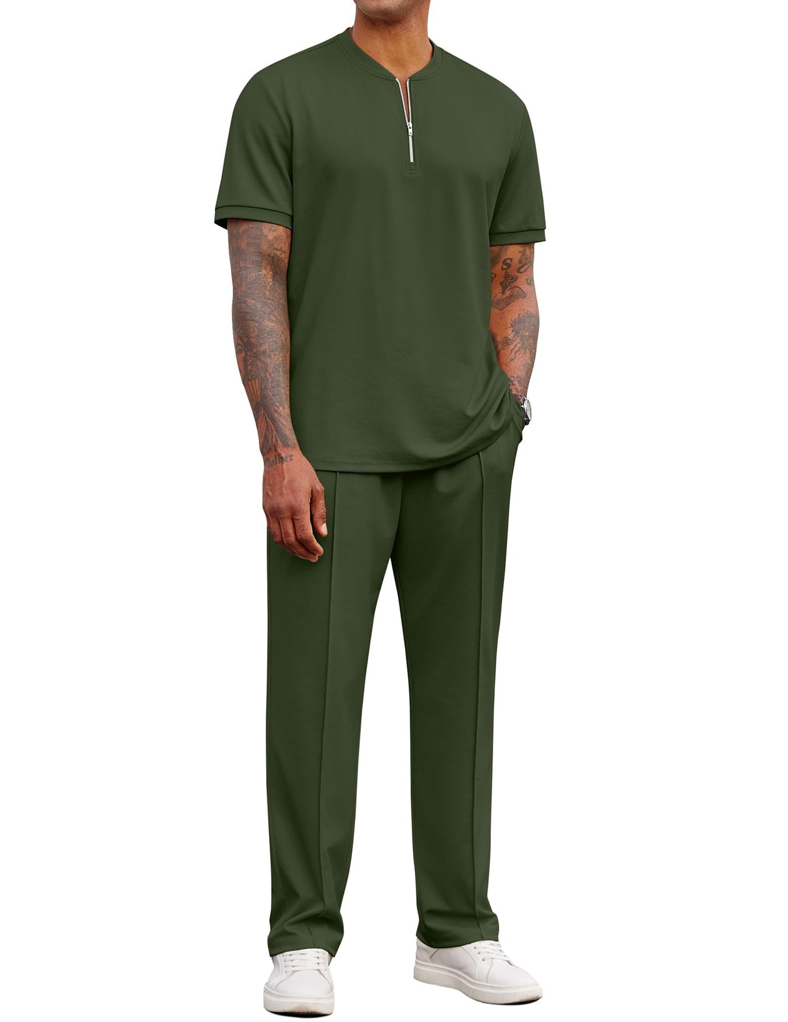 COOFANDY Mens 2 Pieces Outfits Casual Quarter Zip Polo Shirt and Jogging Pants Summer Tracksuits Set
