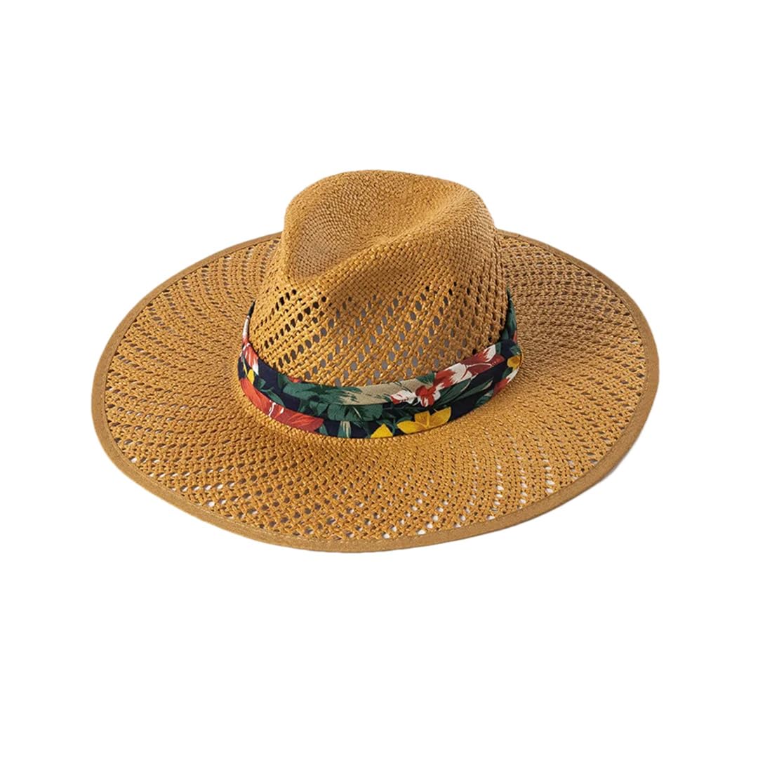 LCUVIMPEX Bucket Hats， Women Summer Printed Straw Hat Wide Brim Fedora Beach Sun Khaki