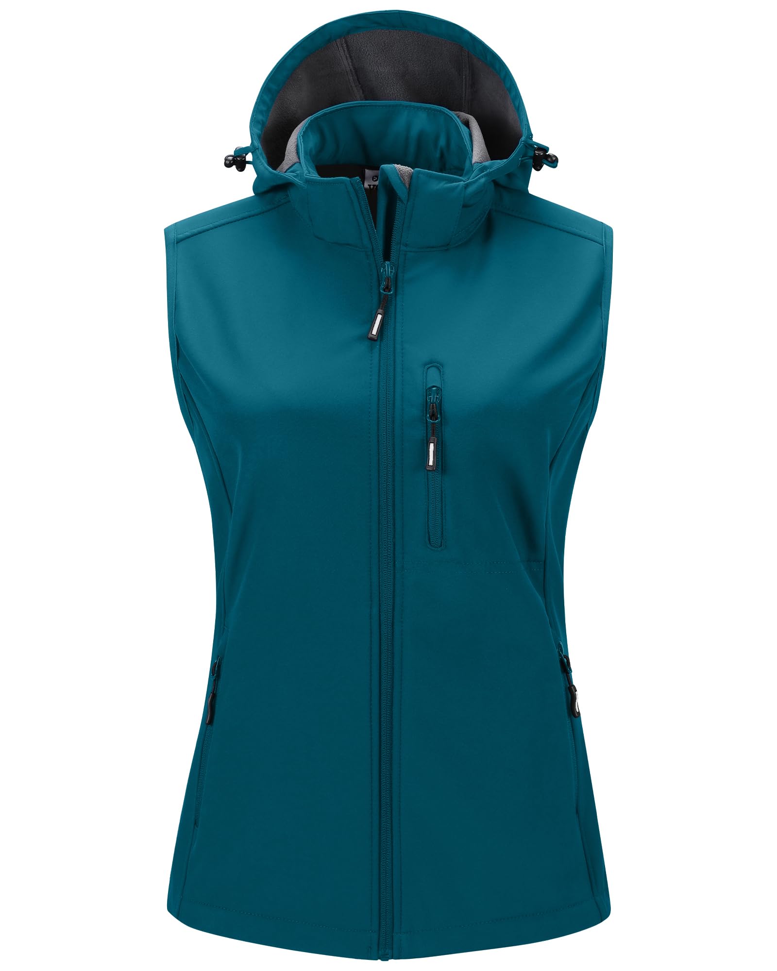 Outdoor Ventures Gilet da donna con cappuccio, leggero, in softshell, antivento, foderato in pile, senza maniche, per golf, corsa, viaggi