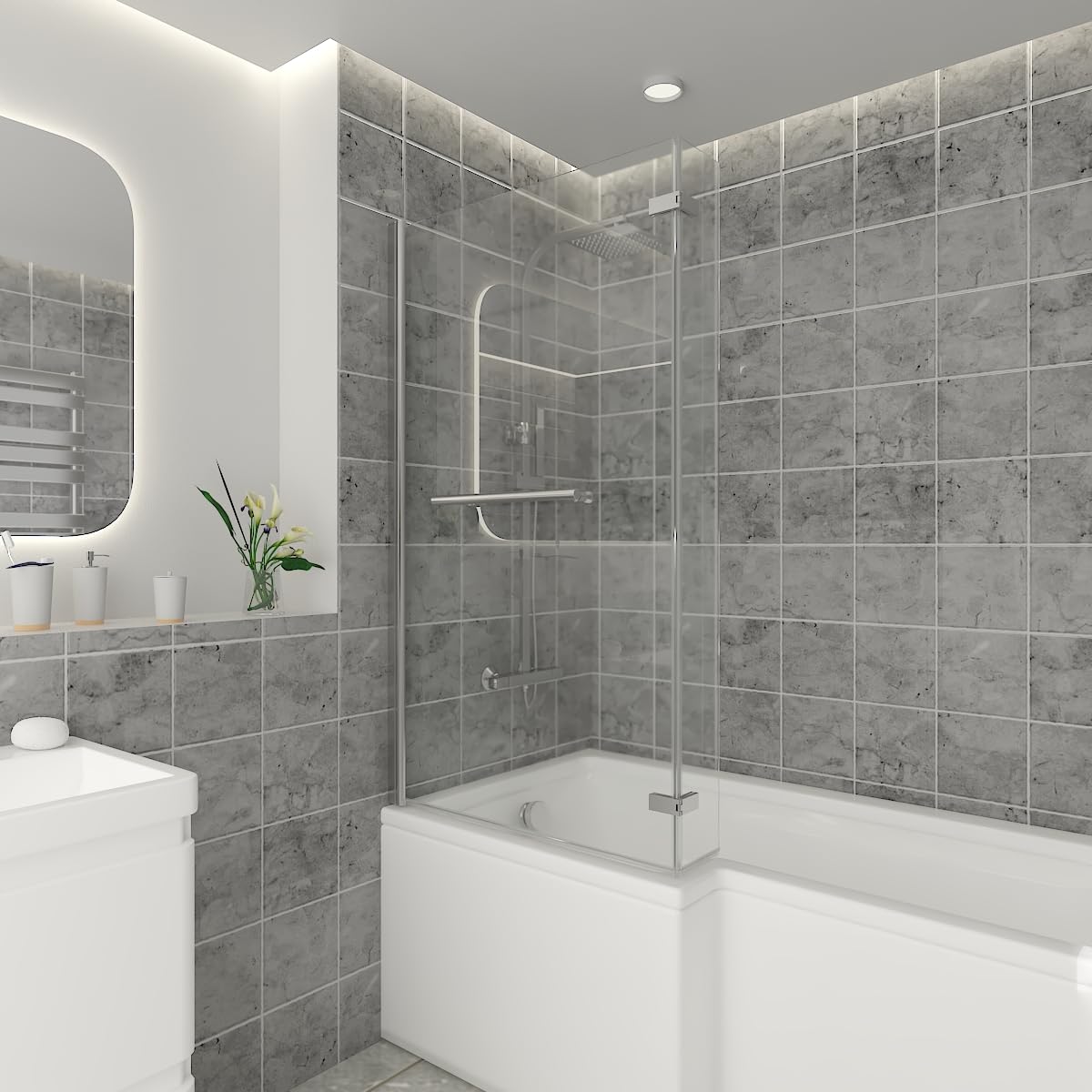 NRG 810 x 1400mm L Shaped Bath Screen with Hinged Return and Towel Rail Chrome Framed Safety Glass