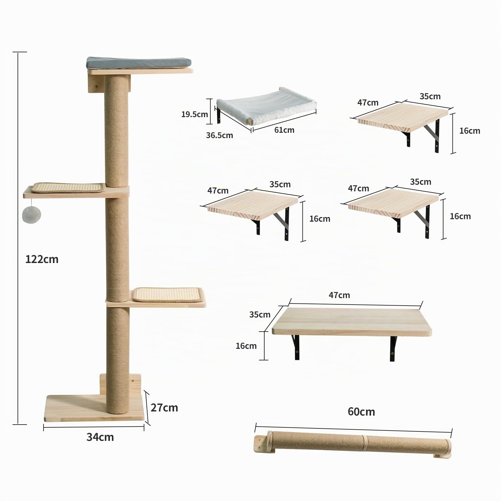 Youyijia 7-teiliges Wandmontage Katzenkletterwand Set aus Holz – Plattformen, Kratzsäulen, Liegeplatten, Wandregale – Kletterelemente für Katzen, Wand-Kletterwand
