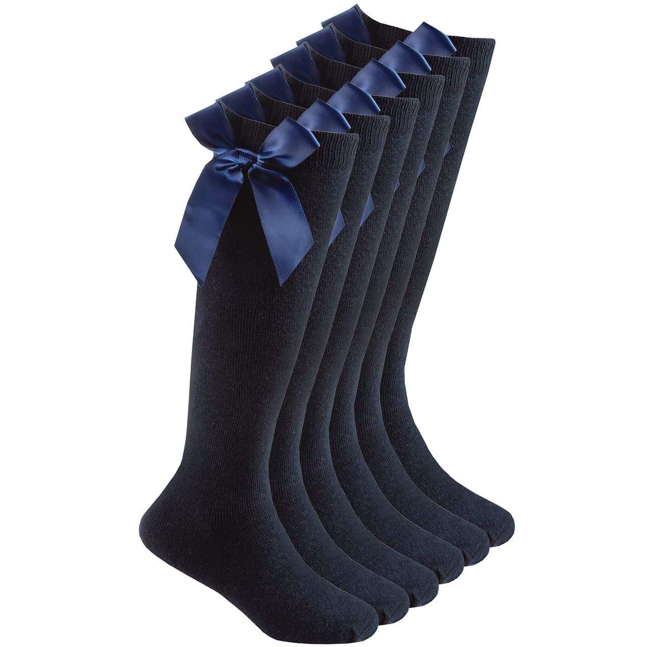 ITRAT 3 pares de calcetines de algodón hasta la rodilla para niñas, cintas esponjosas, lazo para la vuelta a la escuela, calcetines de uniforme para niñas, calcetines altos hasta la rodilla para