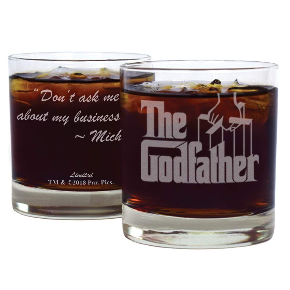 Official Godfather Etched Whiskey Glass - with Logo & Quote ''Don't ask me about my business'' - Premium Quality, Handcrafted Glassware, 11 oz. Perfect Collectible Rocks Glass