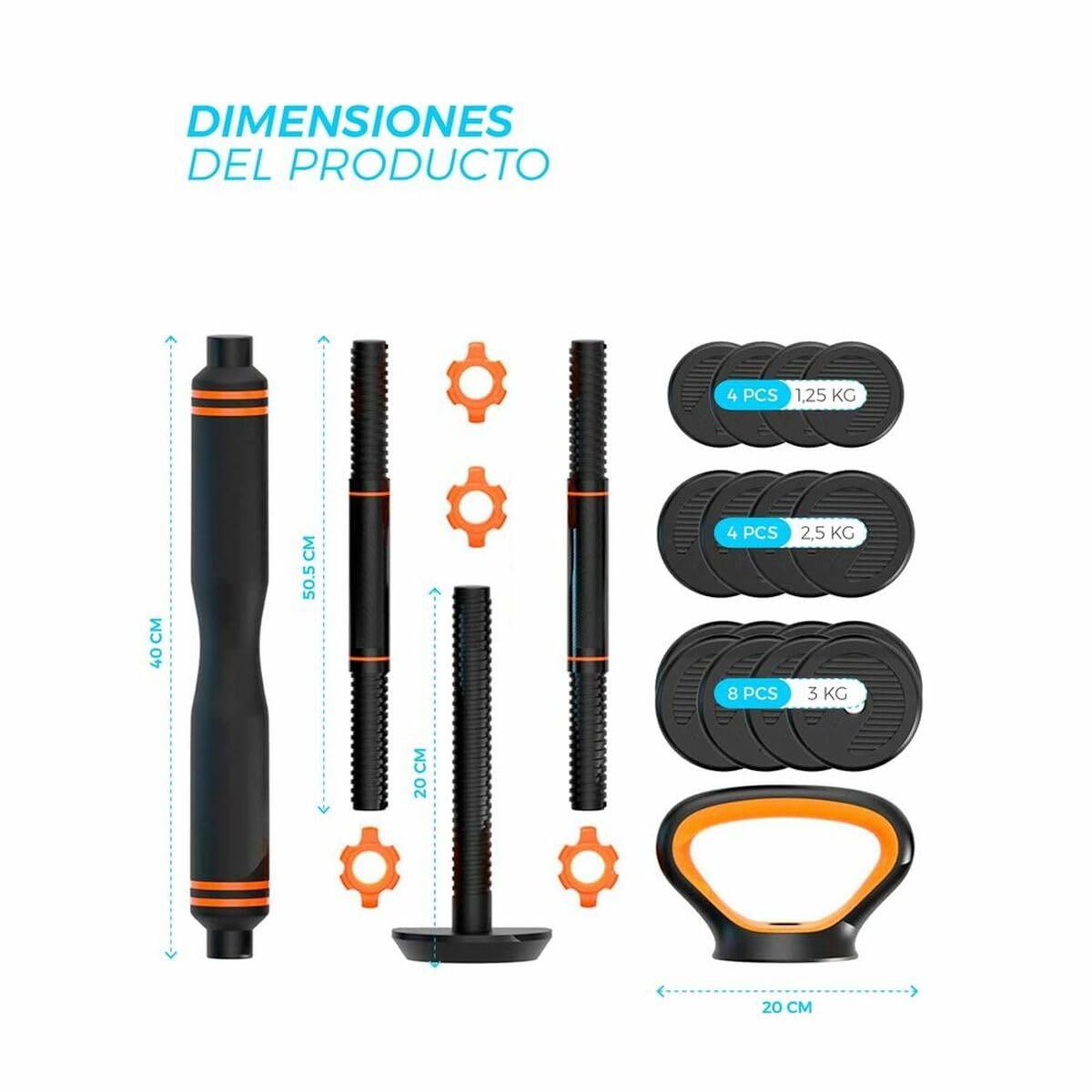 Kit mancuernas + Barra acolchada + Pesa Rusa de Xiaomi FED 40KG, Naranja/Negro, ORMANC40