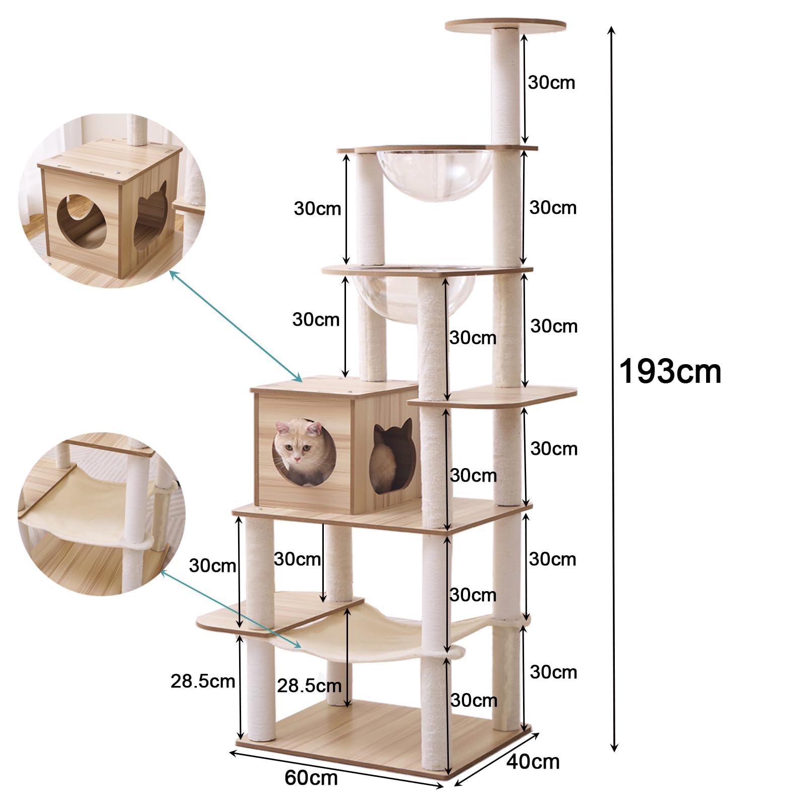 Tiragraffi per gatti 193 cm - 16 Tiragraffi grande - Amaca - 2 Cabine trasparenti - Giocattoli per gatti, Piattaforme di peluche.(KT1154)
