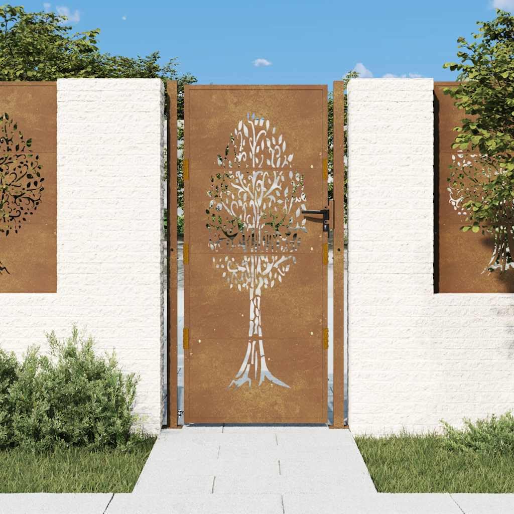 Puerta de jardín 100x175 cm de acero corten con diseño de árbol