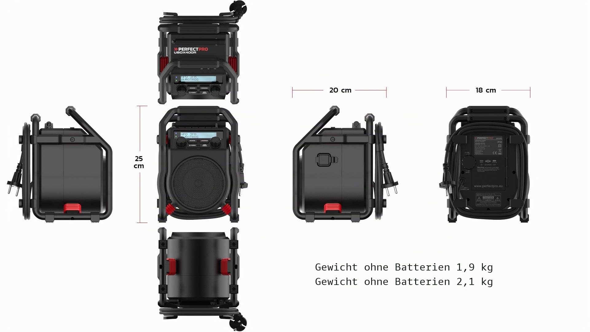 PerfectPro Baustellenradio UBOX400R, DAB+ und UKW-Empfang, Bluetooth, MP3, Radio mit AUX-Eingang, Stoßfest, Wiederaufladbar, Netzstrom und Akku, IP64, UB400R2