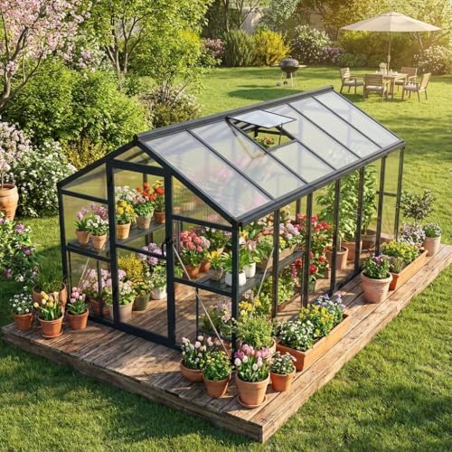 Garvee 8x12ft Walk-in Greenhouse, Heavy Duty Large Outdoor Green House | Polycarbonate Garden Greenhouse with Roof Vent, Lockable Outward-Opening Swing Door & Aluminium Frame for Backyard, G