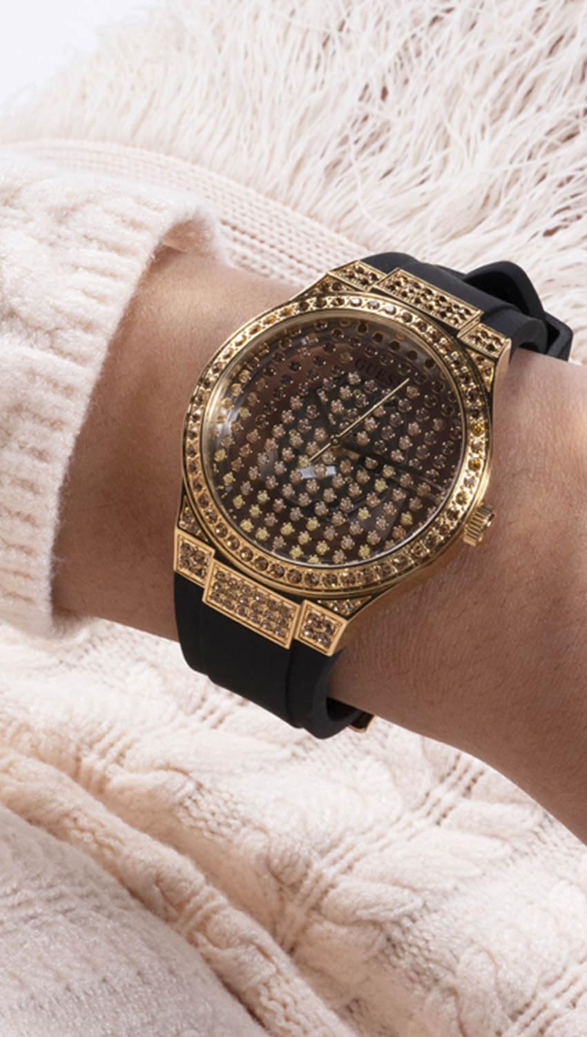 Guess US Women's Clear Gold-Tone and Black Silicone Analog Watch