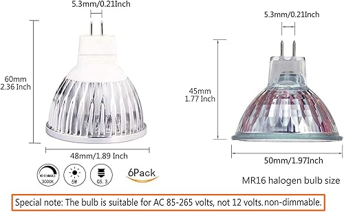 Miniatura 2 de CTKcom Bombillas LED MR16 de 5 vatios 85  265 V (paquete de 6), proyector LED G5.3 igual a bombillas halógenas de 50 W, 3000 K, blanco cálido, 400