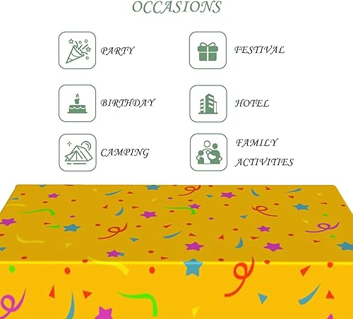 Miniatura 6 de Mantel rectangular de fiesta de 60 x 102 pulgadas, colorido con diseño de estrellas y lunares, color amarillo, lavable, duradero, para fiestas de