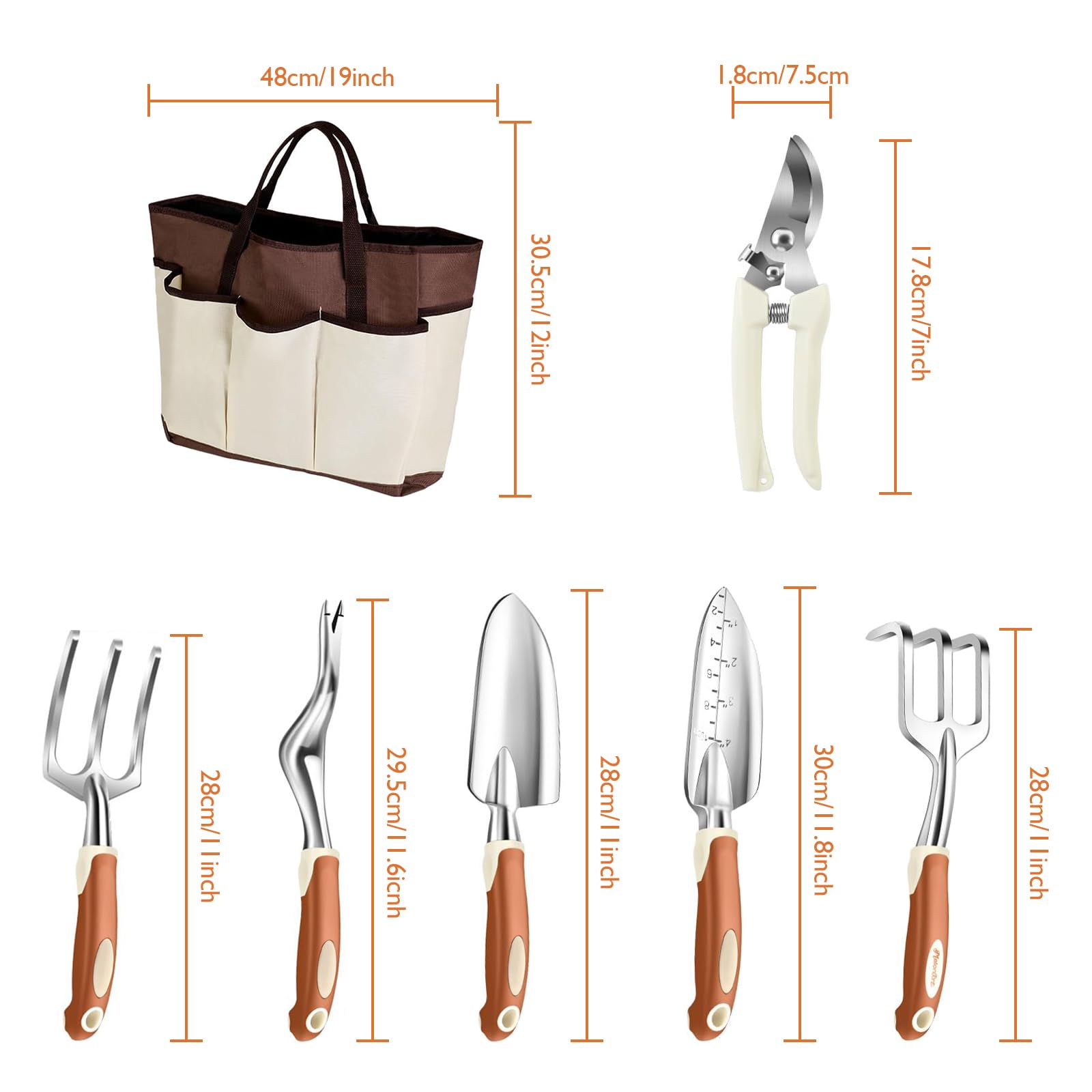ABRFC - Set di attrezzi da giardino, 11 pezzi, in lega di alluminio e acciaio, kit regalo con borsa da giardino, attrezzi da giardinaggio resistenti, regalo per donne e uomini (marrone)